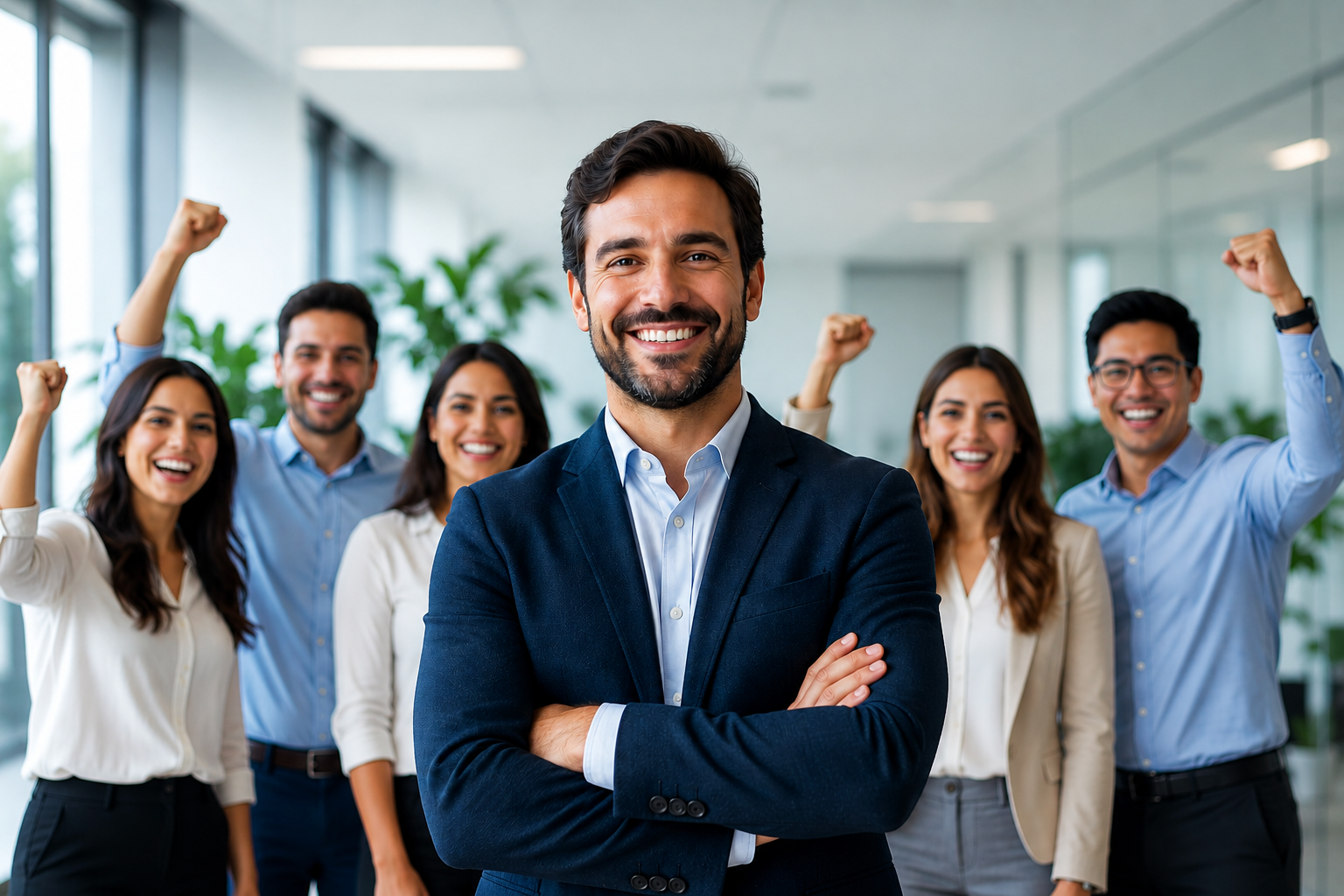 Equipo de trabajo sonriendo con los puños en alto